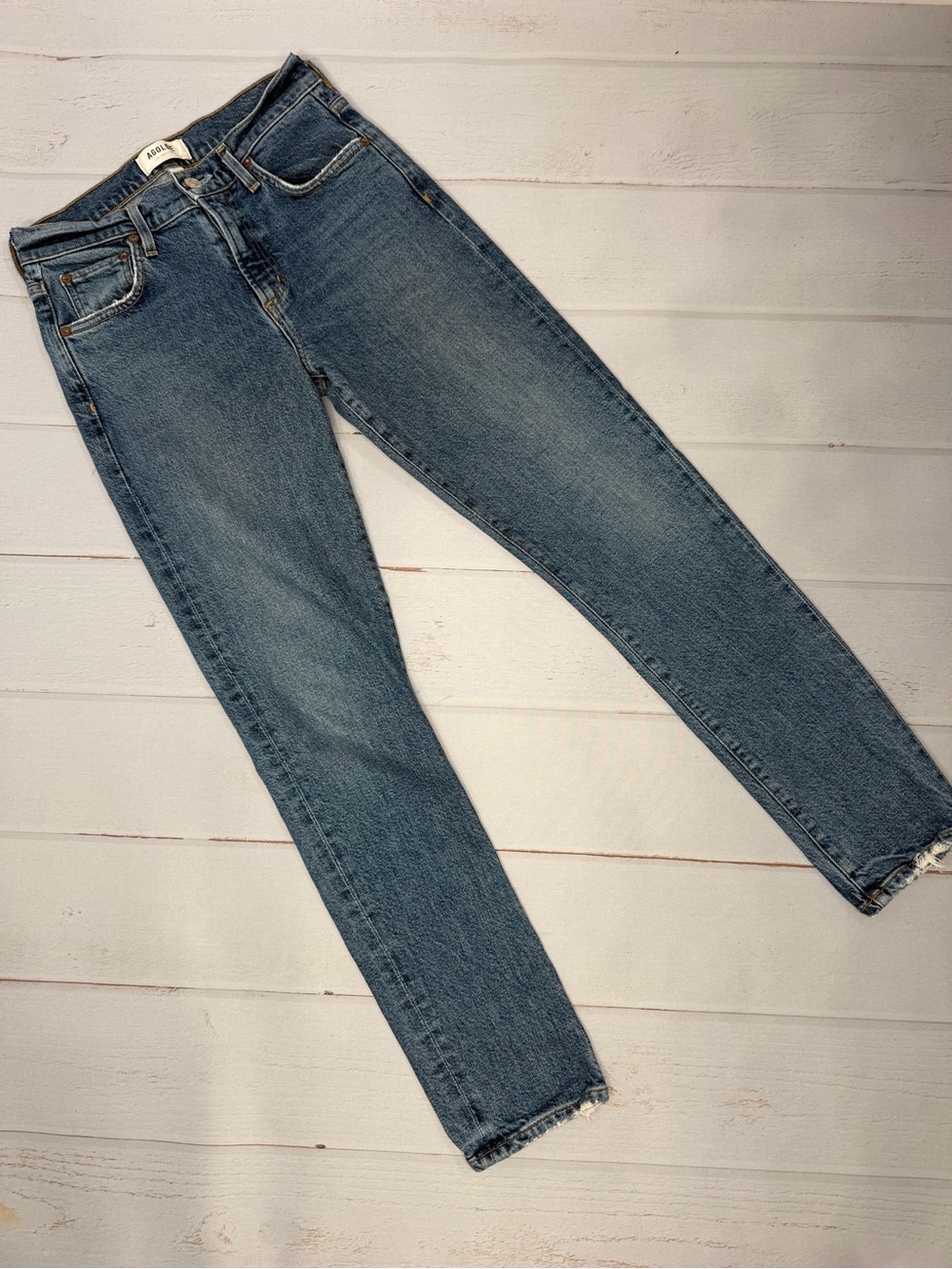 AGOLDE Toni Mid Rise Straight Jeans Size 24 Light Wash Raw Hem Ankle